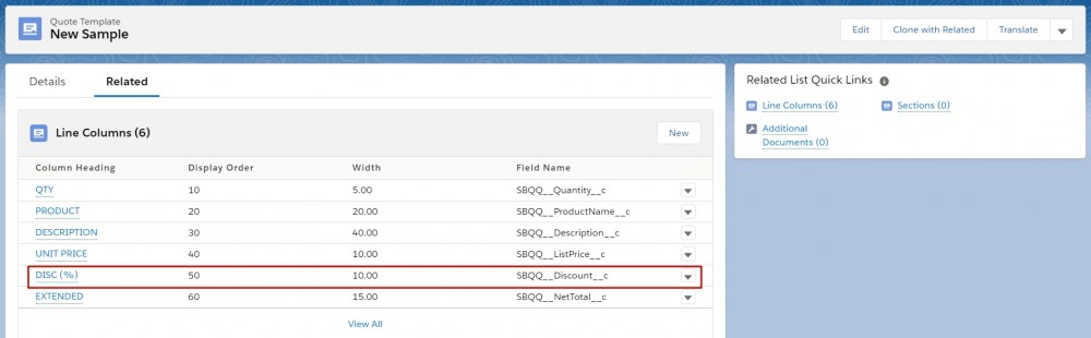 Salesforce CPQ Line Columns on New Sample Quote Template Related Tab